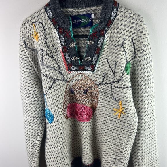 Vintage Chinook Sweater Adult Christmas Reindeer Wool Sweater Handmade - Picture 2 of 8